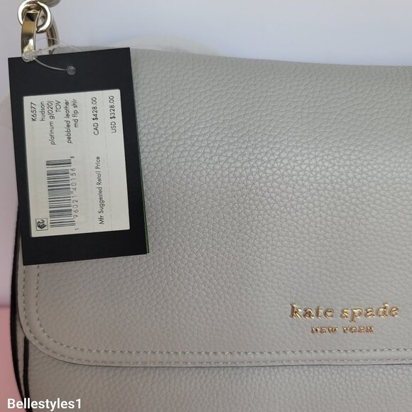KATE SPADE Hudson Pebbled Leather Medium Flap Convertible Shoulder Bag-Platinum⭐ - Picture 15 of 16